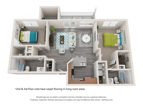 Floor plan for 2 beds, 2 baths, 1164 sqft